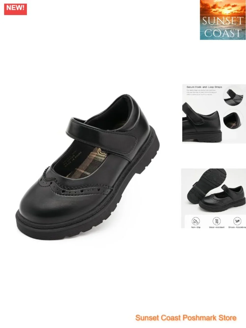 Girls School Uniform Mary Jane Flats Faux Leather Oxfords Hook and Loop